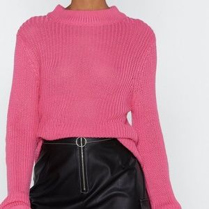 Bubblegum Pink Ribbed Knit Mock Neck Sweater